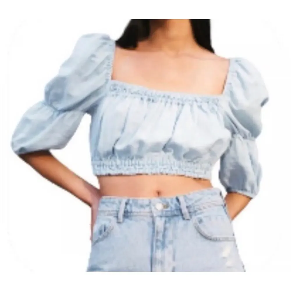 Zara Crop Top preppy Sz M Light Blue Y2K Chambray Linen Blend 1/2 Sleeve A004358
